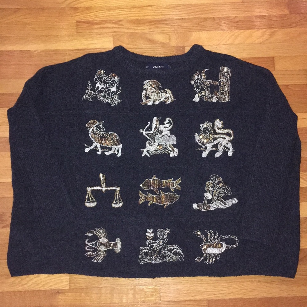 Zara Zodiac Sign Sweater Wool Blend Charcoal Grey